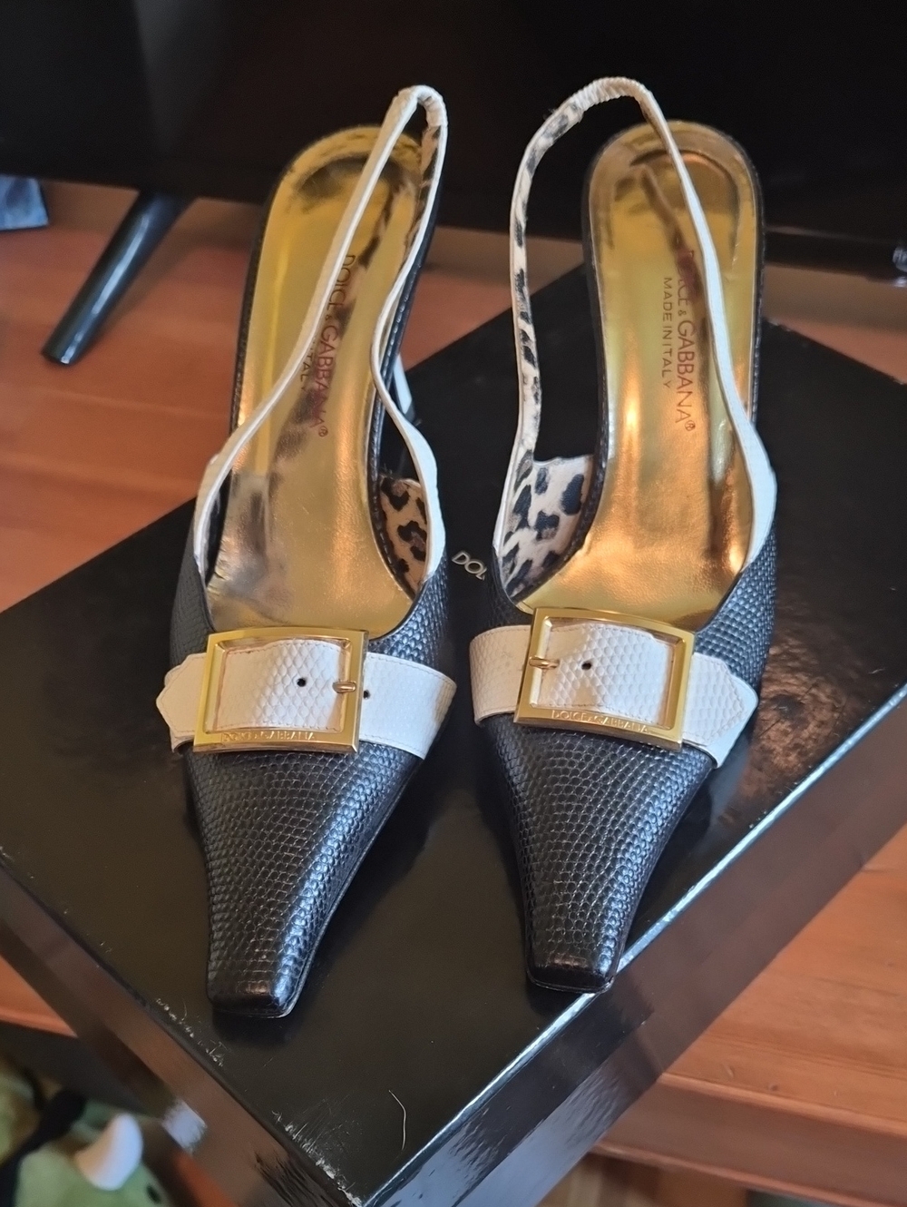 Dolce & Gabbana Black & White Slingback Pumps with Gold Buckle